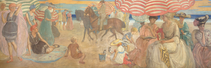 FREDERICK FRIESEKE - Under the Striped Umbrella "Under the Striped Umbrella" is a mural painting by Frederick Carl Frieseke, an American Impressionist who spent most of his productive years as an expatriate in France. Department store magnate Rodman Wanamaker commissioned the 15-foot-long painting for the Hotel Shelburne in Atlantic City. Frieseke designed it as a single composition in 1905, and completed it in segments in 1906. Ultimately, the painting depicts elegant young ladies with bonnets, as well as several children playing in the sand and figures on horseback enjoying a day at the beach under striped parasols.
<br>
<br>In 1906, Frieseke and his wife settled in the art colony in Giverny, where the great French Impressionist Claude Monet resided. Here, Frieseke found his aesthetic and asserted his familiar theme. The parasol also became a frequent motif — protecting his female models and reinforcing their position as articles of beauty and the recipient of the viewer’s gaze.
<br>
<br>"Under the Striped Umbrella" was installed at the Hotel Shelburne in February 1906. In 2000 and 2001, it was exhibited at the Telfair Museum of Art in Savannah, Georgia, in the exhibition "Frederick Carl Frieseke; The Evolution of an American Impressionist."
<br>
<br>Frieseke exhibited extensively in the United States and in his adopted France. His work is in the permanent collections of the North Carolina Museum of Art, the Metropolitan Museum of Art in New York, the Art Institute of Chicago, and the Museum of Fine Arts-Boston.