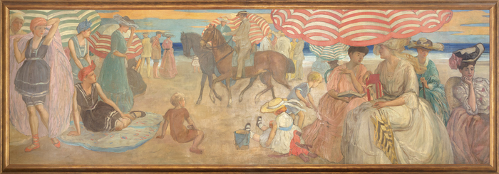 FREDERICK FRIESEKE - Under the Striped Umbrella "Under the Striped Umbrella" is a mural painting by Frederick Carl Frieseke, an American Impressionist who spent most of his productive years as an expatriate in France. Department store magnate Rodman Wanamaker commissioned the 15-foot-long painting for the Hotel Shelburne in Atlantic City. Frieseke designed it as a single composition in 1905, and completed it in segments in 1906. Ultimately, the painting depicts elegant young ladies with bonnets, as well as several children playing in the sand and figures on horseback enjoying a day at the beach under striped parasols.
<br>
<br>In 1906, Frieseke and his wife settled in the art colony in Giverny, where the great French Impressionist Claude Monet resided. Here, Frieseke found his aesthetic and asserted his familiar theme. The parasol also became a frequent motif — protecting his female models and reinforcing their position as articles of beauty and the recipient of the viewer’s gaze.
<br>
<br>"Under the Striped Umbrella" was installed at the Hotel Shelburne in February 1906. In 2000 and 2001, it was exhibited at the Telfair Museum of Art in Savannah, Georgia, in the exhibition "Frederick Carl Frieseke; The Evolution of an American Impressionist."
<br>
<br>Frieseke exhibited extensively in the United States and in his adopted France. His work is in the permanent collections of the North Carolina Museum of Art, the Metropolitan Museum of Art in New York, the Art Institute of Chicago, and the Museum of Fine Arts-Boston.