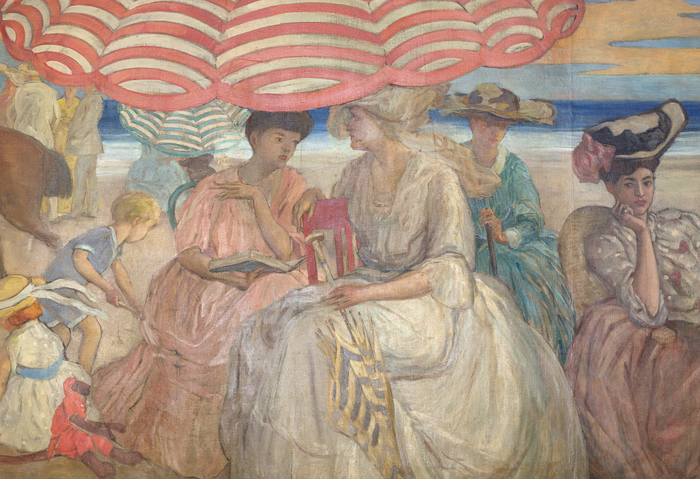 FREDERICK FRIESEKE - Under the Striped Umbrella "Under the Striped Umbrella" is a mural painting by Frederick Carl Frieseke, an American Impressionist who spent most of his productive years as an expatriate in France. Department store magnate Rodman Wanamaker commissioned the 15-foot-long painting for the Hotel Shelburne in Atlantic City. Frieseke designed it as a single composition in 1905, and completed it in segments in 1906. Ultimately, the painting depicts elegant young ladies with bonnets, as well as several children playing in the sand and figures on horseback enjoying a day at the beach under striped parasols.
<br>
<br>In 1906, Frieseke and his wife settled in the art colony in Giverny, where the great French Impressionist Claude Monet resided. Here, Frieseke found his aesthetic and asserted his familiar theme. The parasol also became a frequent motif — protecting his female models and reinforcing their position as articles of beauty and the recipient of the viewer’s gaze.
<br>
<br>"Under the Striped Umbrella" was installed at the Hotel Shelburne in February 1906. In 2000 and 2001, it was exhibited at the Telfair Museum of Art in Savannah, Georgia, in the exhibition "Frederick Carl Frieseke; The Evolution of an American Impressionist."
<br>
<br>Frieseke exhibited extensively in the United States and in his adopted France. His work is in the permanent collections of the North Carolina Museum of Art, the Metropolitan Museum of Art in New York, the Art Institute of Chicago, and the Museum of Fine Arts-Boston.