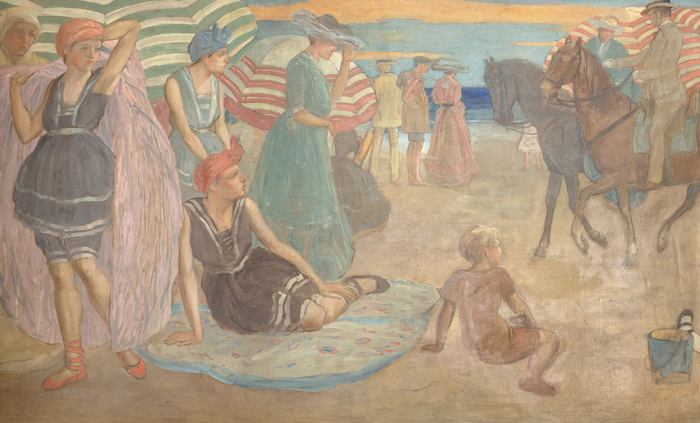 FREDERICK FRIESEKE - Under the Striped Umbrella "Under the Striped Umbrella" is a mural painting by Frederick Carl Frieseke, an American Impressionist who spent most of his productive years as an expatriate in France. Department store magnate Rodman Wanamaker commissioned the 15-foot-long painting for the Hotel Shelburne in Atlantic City. Frieseke designed it as a single composition in 1905, and completed it in segments in 1906. Ultimately, the painting depicts elegant young ladies with bonnets, as well as several children playing in the sand and figures on horseback enjoying a day at the beach under striped parasols.
<br>
<br>In 1906, Frieseke and his wife settled in the art colony in Giverny, where the great French Impressionist Claude Monet resided. Here, Frieseke found his aesthetic and asserted his familiar theme. The parasol also became a frequent motif — protecting his female models and reinforcing their position as articles of beauty and the recipient of the viewer’s gaze.
<br>
<br>"Under the Striped Umbrella" was installed at the Hotel Shelburne in February 1906. In 2000 and 2001, it was exhibited at the Telfair Museum of Art in Savannah, Georgia, in the exhibition "Frederick Carl Frieseke; The Evolution of an American Impressionist."
<br>
<br>Frieseke exhibited extensively in the United States and in his adopted France. His work is in the permanent collections of the North Carolina Museum of Art, the Metropolitan Museum of Art in New York, the Art Institute of Chicago, and the Museum of Fine Arts-Boston.