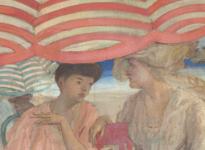 "Under the Striped Umbrella" is a mural painting by Frederick Carl Frieseke, an American Impressionist who spent most of his productive years as an expatriate in France. Department store magnate Rodman Wanamaker commissioned the 15-foot-long painting for the Hotel Shelburne in Atlantic City. Frieseke designed it as a single composition in 1905, and completed it in segments in 1906. Ultimately, the painting depicts elegant young ladies with bonnets, as well as several children playing in the sand and figures on horseback enjoying a day at the beach under striped parasols. <br><br>In 1906, Frieseke and his wife settled in the art colony in Giverny, where the great French Impressionist Claude Monet resided. Here, Frieseke found his aesthetic and asserted his familiar theme. The parasol also became a frequent motif — protecting his female models and reinforcing their position as articles of beauty and the recipient of the viewer’s gaze. <br><br>"Under the Striped Umbrella" was installed at the Hotel Shelburne in February 1906. In 2000 and 2001, it was exhibited at the Telfair Museum of Art in Savannah, Georgia, in the exhibition "Frederick Carl Frieseke; The Evolution of an American Impressionist."<br><br>Frieseke exhibited extensively in the United States and in his adopted France. His work is in the permanent collections of the North Carolina Museum of Art, the Metropolitan Museum of Art in New York, the Art Institute of Chicago, and the Museum of Fine Arts-Boston.