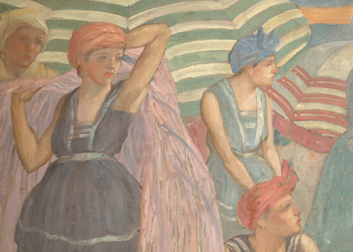 FREDERICK FRIESEKE - Under the Striped Umbrella "Under the Striped Umbrella" is a mural painting by Frederick Carl Frieseke, an American Impressionist who spent most of his productive years as an expatriate in France. Department store magnate Rodman Wanamaker commissioned the 15-foot-long painting for the Hotel Shelburne in Atlantic City. Frieseke designed it as a single composition in 1905, and completed it in segments in 1906. Ultimately, the painting depicts elegant young ladies with bonnets, as well as several children playing in the sand and figures on horseback enjoying a day at the beach under striped parasols.
<br>
<br>In 1906, Frieseke and his wife settled in the art colony in Giverny, where the great French Impressionist Claude Monet resided. Here, Frieseke found his aesthetic and asserted his familiar theme. The parasol also became a frequent motif — protecting his female models and reinforcing their position as articles of beauty and the recipient of the viewer’s gaze.
<br>
<br>"Under the Striped Umbrella" was installed at the Hotel Shelburne in February 1906. In 2000 and 2001, it was exhibited at the Telfair Museum of Art in Savannah, Georgia, in the exhibition "Frederick Carl Frieseke; The Evolution of an American Impressionist."
<br>
<br>Frieseke exhibited extensively in the United States and in his adopted France. His work is in the permanent collections of the North Carolina Museum of Art, the Metropolitan Museum of Art in New York, the Art Institute of Chicago, and the Museum of Fine Arts-Boston.