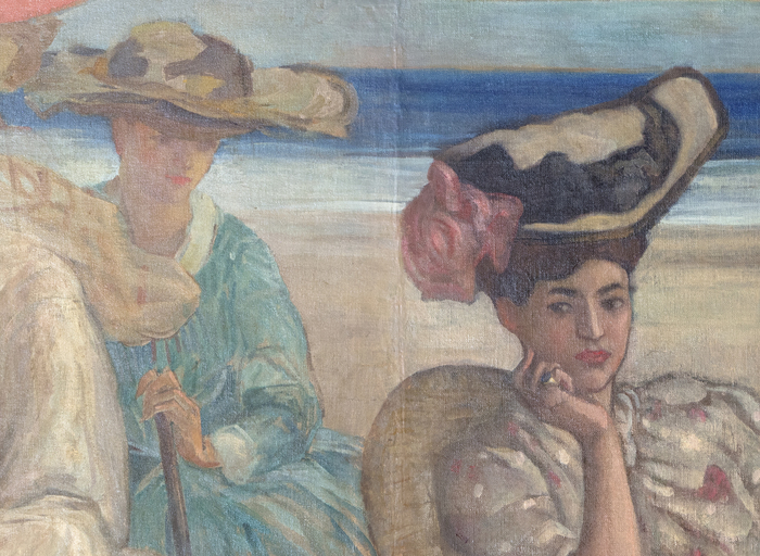"Under the Striped Umbrella" is a mural painting by Frederick Carl Frieseke, an American Impressionist who spent most of his productive years as an expatriate in France. Department store magnate Rodman Wanamaker commissioned the 15-foot-long painting for the Hotel Shelburne in Atlantic City. Frieseke designed it as a single composition in 1905, and completed it in segments in 1906. Ultimately, the painting depicts elegant young ladies with bonnets, as well as several children playing in the sand and figures on horseback enjoying a day at the beach under striped parasols. <br><br>In 1906, Frieseke and his wife settled in the art colony in Giverny, where the great French Impressionist Claude Monet resided. Here, Frieseke found his aesthetic and asserted his familiar theme. The parasol also became a frequent motif — protecting his female models and reinforcing their position as articles of beauty and the recipient of the viewer’s gaze. <br><br>"Under the Striped Umbrella" was installed at the Hotel Shelburne in February 1906. In 2000 and 2001, it was exhibited at the Telfair Museum of Art in Savannah, Georgia, in the exhibition "Frederick Carl Frieseke; The Evolution of an American Impressionist."<br><br>Frieseke exhibited extensively in the United States and in his adopted France. His work is in the permanent collections of the North Carolina Museum of Art, the Metropolitan Museum of Art in New York, the Art Institute of Chicago, and the Museum of Fine Arts-Boston.