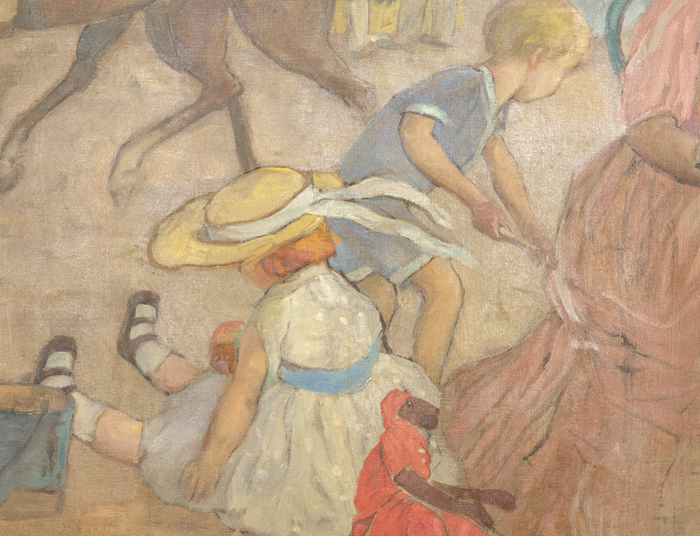 FREDERICK FRIESEKE - Under the Striped Umbrella "Under the Striped Umbrella" is a mural painting by Frederick Carl Frieseke, an American Impressionist who spent most of his productive years as an expatriate in France. Department store magnate Rodman Wanamaker commissioned the 15-foot-long painting for the Hotel Shelburne in Atlantic City. Frieseke designed it as a single composition in 1905, and completed it in segments in 1906. Ultimately, the painting depicts elegant young ladies with bonnets, as well as several children playing in the sand and figures on horseback enjoying a day at the beach under striped parasols.
<br>
<br>In 1906, Frieseke and his wife settled in the art colony in Giverny, where the great French Impressionist Claude Monet resided. Here, Frieseke found his aesthetic and asserted his familiar theme. The parasol also became a frequent motif — protecting his female models and reinforcing their position as articles of beauty and the recipient of the viewer’s gaze.
<br>
<br>"Under the Striped Umbrella" was installed at the Hotel Shelburne in February 1906. In 2000 and 2001, it was exhibited at the Telfair Museum of Art in Savannah, Georgia, in the exhibition "Frederick Carl Frieseke; The Evolution of an American Impressionist."
<br>
<br>Frieseke exhibited extensively in the United States and in his adopted France. His work is in the permanent collections of the North Carolina Museum of Art, the Metropolitan Museum of Art in New York, the Art Institute of Chicago, and the Museum of Fine Arts-Boston.