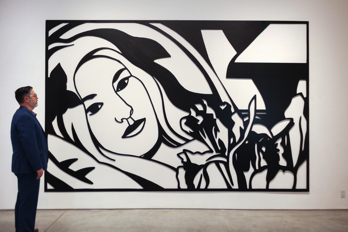 TOM WESSELMANN - Bedroom Brunette with Irises TOM WESSELMANN - Bedroom Brunette with Irises - oil on cut-out aluminum - 105 3/4 x 164 5/8 in.