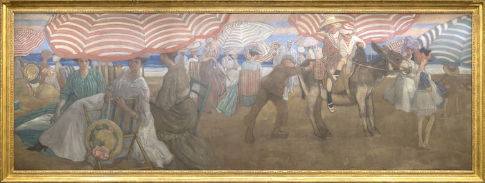 Afternoon at the Beach depicts elegant young ladies with bonnets, as well as several children — two of which appear on a donkey — and an occasional male enjoying a day at the beach under striped parasols.  Female figures, flowers, and domestic interiors and exteriors were recurring elements in his paintings. Their fairly close tonalities reflect the deep influence that James Abbott McNeill Whistler had on Frieseke’s style. Here, Frieseke found his aesthetic and asserted his familiar theme.<br><br>Department store magnate Rodman Wanamaker commissioned the 15-foot-long painting for the Hotel Shelburne in Atlantic City. Frieseke designed it as a single composition in 1905, and completed it in segments in 1906. The painting was installed at the Hotel Shelburne in February 1906. <br><br>In 2000 and 2001, Afternoon at the Beach was exhibited at the Telfair Museum of Art in Savannah, Georgia, during the 2000-2001 exhibition Frederick Carl Frieseke: The Evolution of an American Impressionist.