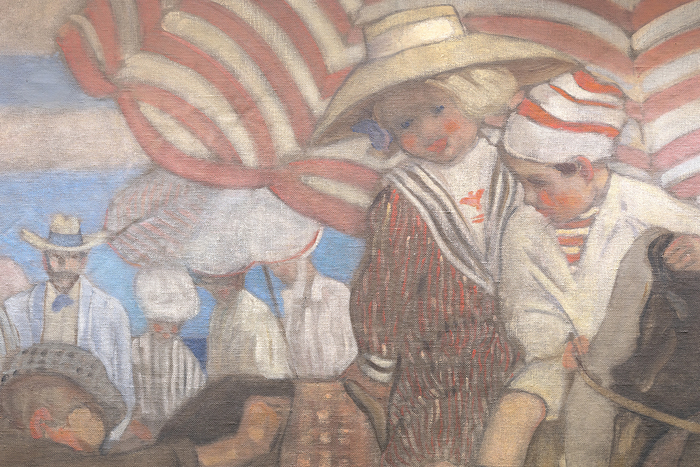 Afternoon at the Beach depicts elegant young ladies with bonnets, as well as several children — two of which appear on a donkey — and an occasional male enjoying a day at the beach under striped parasols.  Female figures, flowers, and domestic interiors and exteriors were recurring elements in his paintings. Their fairly close tonalities reflect the deep influence that James Abbott McNeill Whistler had on Frieseke’s style. Here, Frieseke found his aesthetic and asserted his familiar theme.<br><br>Department store magnate Rodman Wanamaker commissioned the 15-foot-long painting for the Hotel Shelburne in Atlantic City. Frieseke designed it as a single composition in 1905, and completed it in segments in 1906. The painting was installed at the Hotel Shelburne in February 1906. <br><br>In 2000 and 2001, Afternoon at the Beach was exhibited at the Telfair Museum of Art in Savannah, Georgia, during the 2000-2001 exhibition Frederick Carl Frieseke: The Evolution of an American Impressionist.