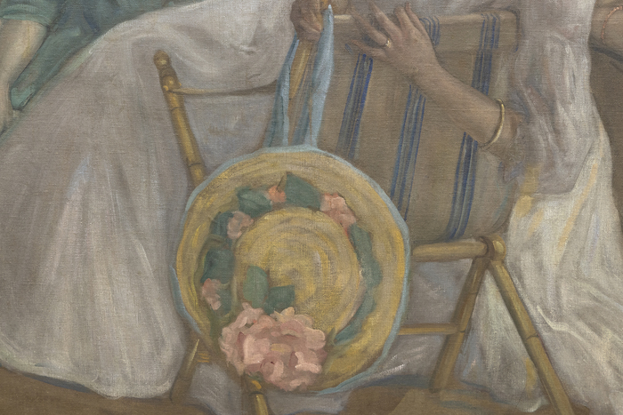 FREDERICK FRIESEKE - Afternoon at the Beach Afternoon at the Beach depicts elegant young ladies with bonnets, as well as several children — two of which appear on a donkey — and an occasional male enjoying a day at the beach under striped parasols. Female figures, flowers, and domestic interiors and exteriors were recurring elements in his paintings. Their fairly close tonalities reflect the deep influence that James Abbott McNeill Whistler had on Frieseke’s style. Here, Frieseke found his aesthetic and asserted his familiar theme.
<br>
<br>Department store magnate Rodman Wanamaker commissioned the 15-foot-long painting for the Hotel Shelburne in Atlantic City. Frieseke designed it as a single composition in 1905, and completed it in segments in 1906. The painting was installed at the Hotel Shelburne in February 1906.
<br>
<br>In 2000 and 2001, Afternoon at the Beach was exhibited at the Telfair Museum of Art in Savannah, Georgia, during the 2000-2001 exhibition Frederick Carl Frieseke: The Evolution of an American Impressionist.