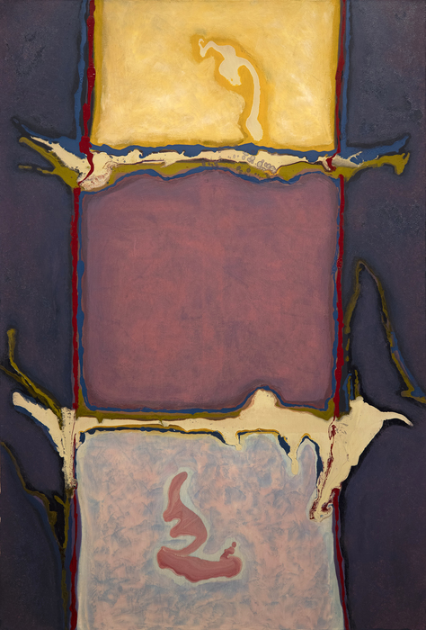 THEODOROS STAMOS - Infinity Field: Yellow, Lavender and Pink on Violet Along with Jackson Pollock, Barnett Newman, and Willem de Kooning, Theodoros Stamos was part of the first generation of Abstract Expressionists. Like Newman, Stamos explored the possibilities of color which he combined with studies of light and location.
<br>
<br>This painting represents Stamos’s fascination with color, pushing both the surface and symbolic qualities in their placement and geometry. Within the canvas, one can see subtle influences of “primitive” or “mythological” shapes which pushes the viewer to consider their relation to both the painting in front of them and their place within a larger cosmos.
<br>
<br>The work is part of his Lefkada series, named after a Greek island. It is a nod to both Stamos’s Greek heritage (his father came from Lefkada) and to where he spent half of the year each year after 1976. The Lefkada series speaks to the mythological aspects of the canvas, and the influence of location on his process.
<br>
<br>Stamos was also an important teacher, having taught at the famed Black Mountain College where one of his students was Kenneth Noland