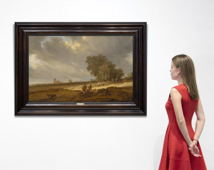 SALOMON VAN RUYSDAEL - A Dune Landscape with Figures Resting and a Couple on Horseback, a View of Nijmegen Cathedral Beyond SALOMON VAN RUYSDAEL - A Dune Landscape with Figures Resting and a Couple on Horseback, a View of Nijmegen Cathedral Beyond - oil on canvas - 26 1/2 x 41 1/2 in.