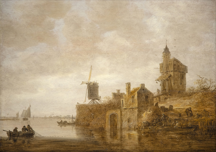 JAN JOSEPHSZOON VAN GOYEN - River Landscape with a Windmill and Chapel - oil on panel - 22 1/2 x 31 3/4 in.