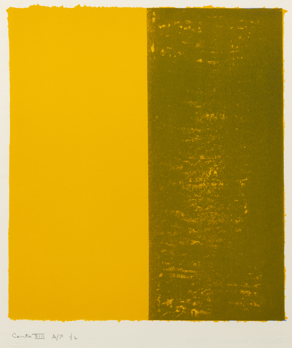 BARNETT NEWMAN - Canto XIII Barnett Newman was a crucial member of the Abstract Expressionists and a pioneer within the Color Field movement. Through a careful selection of color, hues, and composition, Newman applied paint to create planes of color that developed into deep emotion and feeling.
<br>
<br>This work comes from Newman’s portfolio, “18 Cantos”, his fourth foray into lithography. Lithography is a type of printmaking that utilizes flat stones. Images are affixed onto the stone via chemical processes. A complicated practice, lithography allowed Newman to showcase his affinity by creating a series of subtle but joyous pieces. The viewer can see delicate differences of texture and tone. Even when the same stone has been used, the difference of ink creates stark changes of tonality and surface quality. This speaks to the title of the works – sections of a larger poem.
<br>
<br>Other editions of “Canto XIII” can be found at the Art Institute of Chicago, the Metropolitan Museum of Art (New York), the Museum of Modern Art (New York), and the Tate Collection (London).