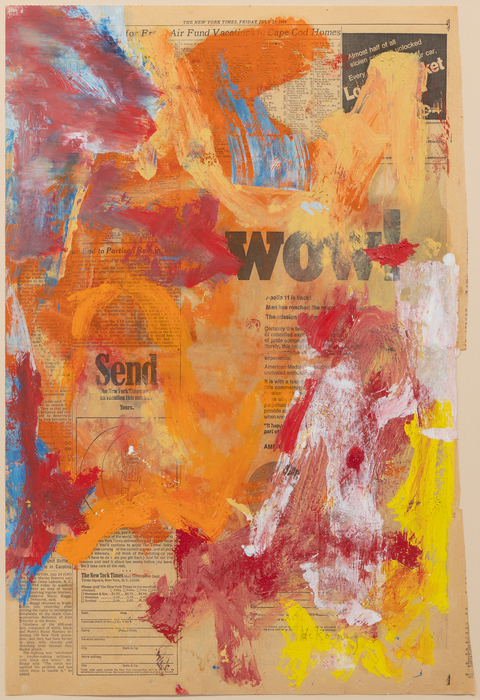 WILLEM DE KOONING - Wow Willem de Kooning is one of the towering figures of Abstract Expressionism. The movement focused on non-representational art that placed primacy on the artist’s emotion and mark making. While one of the pioneers of the AbEx movement and a leader within “The Irascibles”, pure abstraction did not much interest de Kooning.
<br>
<br> “Wow” presents not just free movement of the brush but the power of de Kooning to sculpt color on a flat plane. Despite seeming to be a near complete abstraction of paint and form, de Kooning creates an interplay between the color and the brushstrokes and the text of the newsprint
