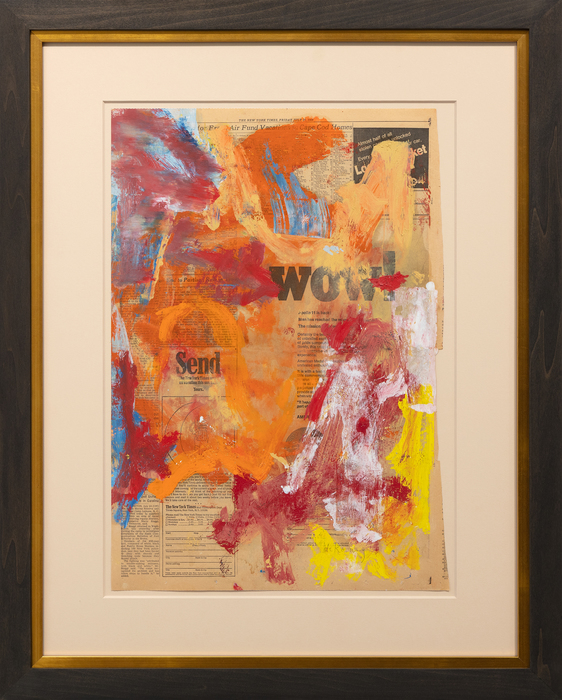 WILLEM DE KOONING - Wow Willem de Kooning is one of the towering figures of Abstract Expressionism. The movement focused on non-representational art that placed primacy on the artist’s emotion and mark making. While one of the pioneers of the AbEx movement and a leader within “The Irascibles”, pure abstraction did not much interest de Kooning.
<br>
<br> “Wow” presents not just free movement of the brush but the power of de Kooning to sculpt color on a flat plane. Despite seeming to be a near complete abstraction of paint and form, de Kooning creates an interplay between the color and the brushstrokes and the text of the newsprint