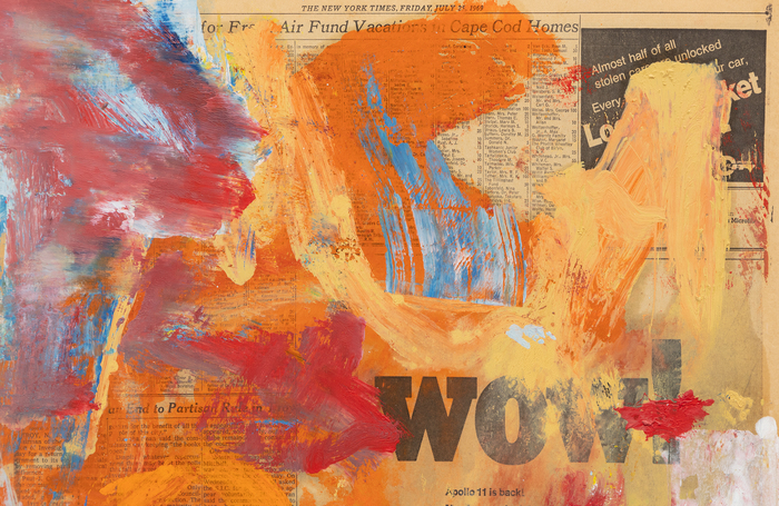WILLEM DE KOONING - Wow Willem de Kooning is one of the towering figures of Abstract Expressionism. The movement focused on non-representational art that placed primacy on the artist’s emotion and mark making. While one of the pioneers of the AbEx movement and a leader within “The Irascibles”, pure abstraction did not much interest de Kooning.
<br>
<br> “Wow” presents not just free movement of the brush but the power of de Kooning to sculpt color on a flat plane. Despite seeming to be a near complete abstraction of paint and form, de Kooning creates an interplay between the color and the brushstrokes and the text of the newsprint