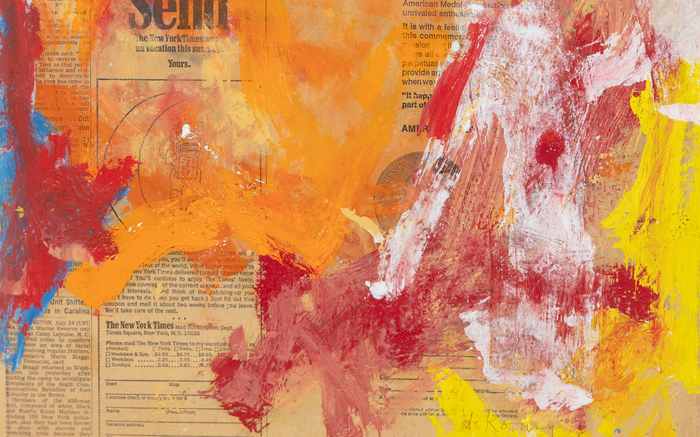 WILLEM DE KOONING - Wow Willem de Kooning is one of the towering figures of Abstract Expressionism. The movement focused on non-representational art that placed primacy on the artist’s emotion and mark making. While one of the pioneers of the AbEx movement and a leader within “The Irascibles”, pure abstraction did not much interest de Kooning.
<br>
<br> “Wow” presents not just free movement of the brush but the power of de Kooning to sculpt color on a flat plane. Despite seeming to be a near complete abstraction of paint and form, de Kooning creates an interplay between the color and the brushstrokes and the text of the newsprint