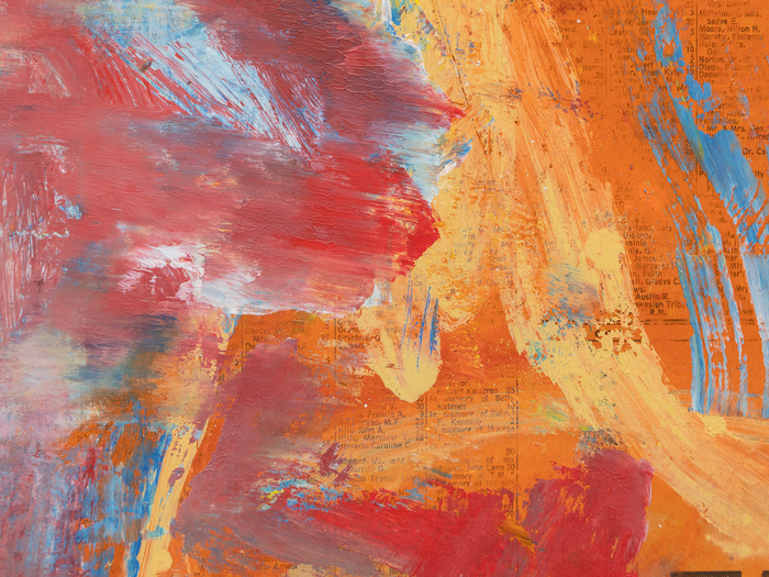 WILLEM DE KOONING - Wow Willem de Kooning is one of the towering figures of Abstract Expressionism. The movement focused on non-representational art that placed primacy on the artist’s emotion and mark making. While one of the pioneers of the AbEx movement and a leader within “The Irascibles”, pure abstraction did not much interest de Kooning.
<br>
<br> “Wow” presents not just free movement of the brush but the power of de Kooning to sculpt color on a flat plane. Despite seeming to be a near complete abstraction of paint and form, de Kooning creates an interplay between the color and the brushstrokes and the text of the newsprint