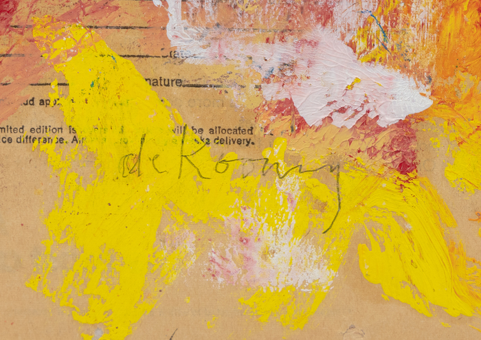 WILLEM DE KOONING - Wow Willem de Kooning is one of the towering figures of Abstract Expressionism. The movement focused on non-representational art that placed primacy on the artist’s emotion and mark making. While one of the pioneers of the AbEx movement and a leader within “The Irascibles”, pure abstraction did not much interest de Kooning.
<br>
<br> “Wow” presents not just free movement of the brush but the power of de Kooning to sculpt color on a flat plane. Despite seeming to be a near complete abstraction of paint and form, de Kooning creates an interplay between the color and the brushstrokes and the text of the newsprint