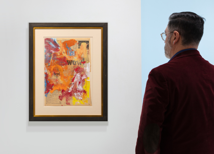 WILLEM DE KOONING - Wow Willem de Kooning is one of the towering figures of Abstract Expressionism. The movement focused on non-representational art that placed primacy on the artist’s emotion and mark making. While one of the pioneers of the AbEx movement and a leader within “The Irascibles”, pure abstraction did not much interest de Kooning.
<br>
<br> “Wow” presents not just free movement of the brush but the power of de Kooning to sculpt color on a flat plane. Despite seeming to be a near complete abstraction of paint and form, de Kooning creates an interplay between the color and the brushstrokes and the text of the newsprint