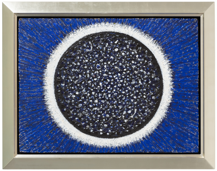RICHARD POUSETTE-DART - Untitled, (Black Circle, Space) Richard Pousette-Dart was one of the youngest members of the first generation of Abstract Expressionism, the movement of non-representational art that placed primacy on the artist’s emotion and mark making. Pousette-Dart was also part of “The Irascibles”, the group with the movement that protested the Metropolitan Museum of Art’s exhibition “American Painting Today – 1950”.
<br>
<br>Pousette-Dart’s longevity allowed him to develop his approach to painting, moving away from expressing gestural strokes into applying intuitive points of paint. This work, particularly the titular circle, is a careful riot of points that Pousette-Dart has layered through different colors. While still maintaining the raw energy of early AbEx works, Pousette-Dart creates a more spiritual vision