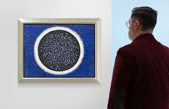 RICHARD POUSETTE-DART - Untitled, (Black Circle, Space) Richard Pousette-Dart was one of the youngest members of the first generation of Abstract Expressionism, the movement of non-representational art that placed primacy on the artist’s emotion and mark making. Pousette-Dart was also part of “The Irascibles”, the group with the movement that protested the Metropolitan Museum of Art’s exhibition “American Painting Today – 1950”.
<br>
<br>Pousette-Dart’s longevity allowed him to develop his approach to painting, moving away from expressing gestural strokes into applying intuitive points of paint. This work, particularly the titular circle, is a careful riot of points that Pousette-Dart has layered through different colors. While still maintaining the raw energy of early AbEx works, Pousette-Dart creates a more spiritual vision