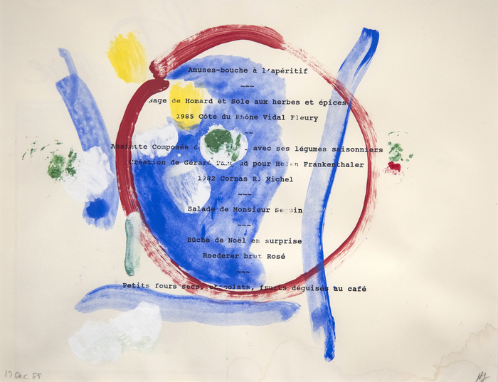 HELEN FRANKENTHALER - Menu from Hans Namuth's Dinner Party Helen Frankenthaler was one of the most important members of the Abstract Expressionists and pioneer within the Color Field movement. Her facility to control paint to stain unprimed canvas allowed her to explore the possibilities of texture, color, and composition.
<br>
<br>Despite the free-flowing nature of her canvas, this small piece shows Frankenthaler’s skill with composition, showing a sense of intimacy and immediacy through its repurposing of a menu. The work does not completely obscure the text but rather incorporates and interacts with it from the field of blue to the meditative red circle to the dabs of white, green, and yellow. Hans Namuth was a German photographer who captured Jackson Pollock and other Abstract Expressionist painters. A photograph by Namuth of Frankenthaler is in the National Portrait Gallery (Washington, DC).