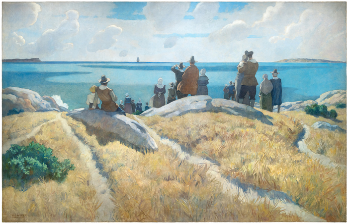 N.C. WYETH - The Departure of the Mayflower for England in 1621 N.C. WYETH - The Departure of the Mayflower for England in 1621 - oil on canvas - 103 x 160 x 2 1/4 in.