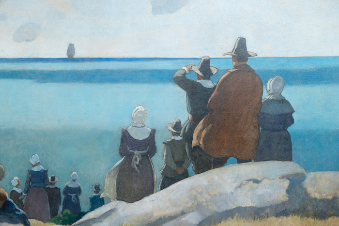 N.C. WYETH - The Departure of the Mayflower for England in 1621 N.C. WYETH - The Departure of the Mayflower for England in 1621 - oil on canvas - 103 x 160 x 2 1/4 in.
