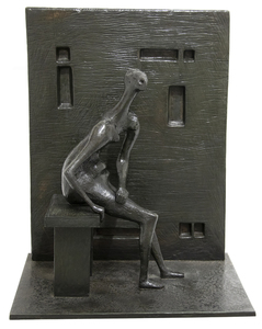 By the late 1950's, Henry Moore began experimenting with the theme of seated figures set against a wall backdrop.  "Girl Seated Against Square Wall" (1957-1958) is one of eleven sculptures in the "Wall" series; each sculpture varies according to the position and number of figures depicted. These works show a diorama-like depiction of the subject and are widely recognized as an important part of the artist's oeuvre.  <br><br>Moore's constant innovation and experimentation with his subject is why he is considered one of the great masters of the 20th Century. Another "Girl Seated Against Square Wall" (1957-1958)" can be found in the permanent collection of the Norton Simon Museum, Pasadena, California.