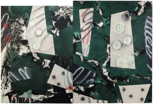 <div>Untitled, a large-scale diptych by Ed Moses, created with acrylic on canvas, showcases his experimental flair and abstract mastery. Measuring 84 x 126 inches, the work comprises two panels that together form a vibrant, chaotic composition. Both panels feature deep green backgrounds adorned with dynamic swirls, circular motifs, and jagged patches of mottled white and black, creating a textured, almost graffiti-like effect. The interplay of overlapping shapes and spontaneous brushwork invites viewers into a layered visual journey. </div>
<br>
<br><div> </div>
<br>
<br><div>Moses, a pioneering artist among the first generation showcased at L.A.’s legendary Ferus Gallery in 1957, brings a rich legacy to this early 2000s piece. His innovative use of acrylic allows for a tactile surface that blends controlled chaos with expressive freedom, and the large scale of the diptych envelops the viewer with this carefully-balanced visual energy. This work exemplifies his boundary-pushing aesthetic, and stands as a powerful testament to Moses’ contribution to contemporary art. </div>