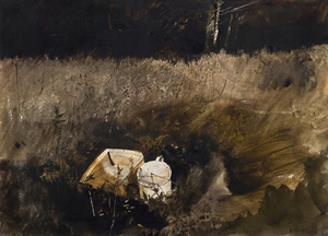 <div>Andrew Wyeth’s "Quart and a Half" (1961) belongs to a deeply personal sequence of works inspired by a single day he and his wife, Betsy, spent picking blueberries in a field as a storm gathered. That afternoon became the genesis for one of Wyeth’s most iconic tempera paintings, "Distant Thunder" (1961), which depicts Betsy reclining in the grass with their dog, suffused with a charged stillness before the storm. A preparatory watercolor, "Blueberries, Study for Distant Thunder" (1961, Farnsworth Art Museum), further traces the theme. "Quart and a Half" marks the haunting aftermath, shifting focus from figure to still life: a blueberry carton and tin cup sit abandoned in the grass, their utilitarian presence transformed into emblems of memory and absence. </div><br><br><div>&nbsp;</div><br><br><div>The composition is stripped to essentials—a high horizon line, a darkened field, and the luminous carton and cup catching the eye. The disturbed grass, delicately rendered in intricate strokes, becomes a subtle index of Betsy’s earlier presence, now vanished. That empty imprint became the emotional core of the painting, an emblem of transience. As an early still life, the work reveals Wyeth’s ability to invest the simplest objects with profound emotional resonance, extending the still-life tradition, long associated with mortality and the ephemeral nature of life, into a meditation on the quiet echoes of lived experience. Executed in watercolor, the painting also highlights Wyeth’s balance of spontaneity and restraint, the flickering grasses animated with immediacy yet anchored by a deliberate compositional rigor. </div><br><br><div>&nbsp;</div><br><br><div>"Quart and a Half" also holds distinguished exhibition history. It was featured in the traveling retrospective "Andrew Wyeth: Temperas, Watercolors, Dry Brush, Drawings 1938 into 1966", shown at the Philadelphia Museum of Art, the Baltimore Museum of Art, and the Whitney Museum of American Art (1966–67). Earlier, the work was chosen as the cover image for the catalogue of the 1963 University of Arizona Art Gallery exhibition, underscoring its importance within Wyeth’s oeuvre. Together with "Distant Thunder" and its study, this watercolor transforms a shared picnic into an enduring meditation on memory, impermanence, and the poetry of everyday life. </div>