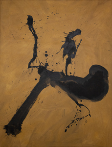 Robert Motherwell is admired for his gestural contributions to Abstract Expressionism. From his early period starting in the 1940s until his final works of the 1990s, one can see a distinct stylistic shift into his characteristic Elegy paintings and signature gestural works. Gesture No. 45 demonstrates Motherwell’s intuitive approach to painting influenced by the automatic drawing of the Surrealists. His gestures in this painting are characterized by a suggestion of chance and accident: “Painting is a medium in which the mind can actualize itself; it is a medium of thought,” he said. “Thus painting, like music, tends to become its own content.”