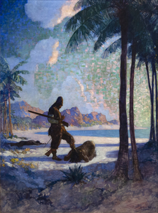 N.C. Wyeth created this painting as an illustration for Daniel Defoe’s Robinson Crusoe (p. 270), part of the Scribner’s Classics series. The painting represents a pivotal scene in the novel in which Crusoe meets and rescues Friday, the indigenous man who becomes his companion. The scene here depicts Friday expressing his gratitude to Crusoe. Among the most noteworthy illustrators the United States has ever produced, Wyeth is also the patriarch of one of America’s most esteemed artistic dynasties. His son Andrew Wyeth produced some of the most celebrated realist works of 20th-century American art, admired for the emotional impact of their stories. N.C. Wyeth's mastery of visual narrative is on full display in this 1920 scene from classic literature.