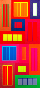 Brightly colored geometric paintings by Peter Halley address the rigid organization of social space through visual representations of cells and conduits. Eulogy (Commission), a 2004 piece at a grand scale, presents the neon-colored forms that characterize his work. The piece incorporates Roll-a-Tex, a material most often used as cheap surfacing for suburban homes or motels, a comment on the commoditization of domestic life.