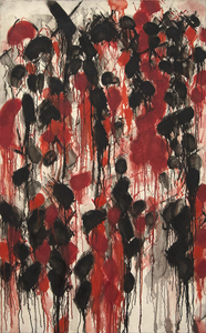 Norman Bluhm's Black and Red (1953), first owned by fellow artist Sam Francis, is an explosive drip painting that characterizes the artist’s style in the late 1950s. Bluhm's process and resulting work epitomizes the category of Abstract Expressionist painters that earned the moniker "action" painters. The energy and passion present in Bluhm’s work was likely fueled by his experience fighting in World War II. The intensity of his paintings from the decade following the war is one reason why Bluhm’s work from the 1950s are some of the most highly sought-after. The top ten prices for the artist at auction are held by paintings from this era.