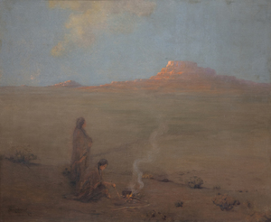 At the start of the 20th century, Granville Redmond traveled to Arizona and New Mexico to paint scenes for the Santa Fe Railroad. This painting depicts an expansive desert landscape with two Native Americans at a campfire. A Los Angeles Herald journalist who visited Redmond's studio in 1903 called this painting a “jewel set in dull gold.”<br><br>"The Evening Desert" is included in the 2020 exhibition at the Crocker Art Museum: "Granville Redmond: The Eloquent Palette." It is the largest retrospective of Redmond’s work ever assembled and the first retrospective for the artist in over 30 years.