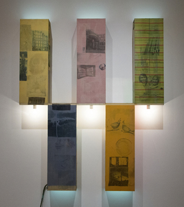 ROBERT RAUSCHENBERG - Bugle (Scale) - solvent transfer, fabric, mirrored plexiglass, and acrylic on plywood with electric lights and objec - 73 x 61 1/2 x 6 1/4 in.