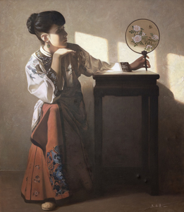Zhu Yi Yong - Woman with a Fan - oil on canvas - 43 x 37 1/2 in.