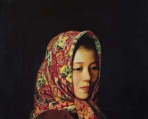 Jiang Guofang - Woman with a Red Scarf - oil on canvas - 20 7/8 x 25 5/8 in