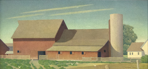 MARVIN CONE - Barn Group Near Marion - oil on masonite - 11 1/2 X 23 7/8 in.