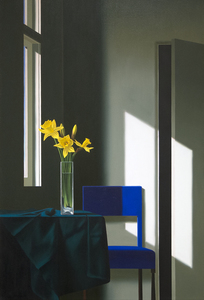 BRUCE COHEN - Untitled, Interior with Daffodils and Blue Chair - oil on canvas - 54 x 36 in.
