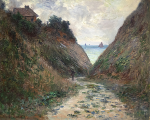 The Wildenstein Catalogue Raisonné of Monet paintings offers a note on this painting: “During his second stay in Pourville-Varengeville, Monet painted the customs’ officer’s cottage several times and from various angles. This general view shows it overhanging the Gorge du petit Ailly." Monet spent six months in this part of Normandy in 1882, and the cabin in this painting was one of his favorite motifs to revisit. It appears in eighteen paintings from that year, and another dozen from a later trip to the area in 1897. His fixation with this house on the hill later became a habit of working serially – each canvas a singularity registering a unique guise yet set sequentially and in direct relationship to other works within the series. Monet circumambulated and painted the cabin from so many angles that as a group, the paintings are not as clearly recognizable as a series as the celebrated grain-stacks, Rouen cathedral, or poplar series. Still, it is a fixed and iconic element that reappears in many of Monet’s paintings from this period.<br><br>Japanese woodblock prints were a life-long source of inspiration for Monet, and this piece in particular draws upon Hiroshige's "Utsu Mountain, Okabe," c. 1833. This print is part of a series called “The Fifty-three Stations of the Tōkaidō,” which documented scenic views from the major road that linked the shōgun’s capital, Edo, to the imperial one Kyōto. Monet amassed an extensive collection of woodblock prints – many of which are still on view at Giverny.