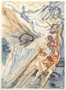 SALVADOR DALI - Divine Comédie Purgatoire Canto 26 - gravure sur bois en couleur sur papier - 13 x 10 1/2 in.