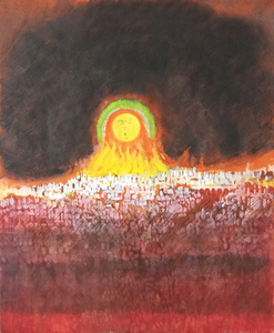 بول وونر - حريق سان فرانسيسكو - الكازين والفحم والقلم الرصاص - 17 × 14 بوصة.