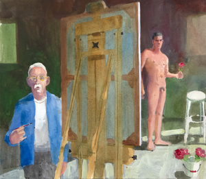 PAUL WONNER - 艺术家和模特与一朵玫瑰 - 纸上丙烯和铅笔 - 15 1/8 x 17 1/2 in.