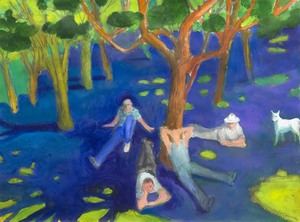 PAUL WONNER - Parque con figuras alrededor de un árbol - acrílico y lápiz sobre papel - 22 1/4 x 30 in.