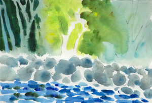 بول WONNER-الأشجار والصخور علي خليج-الأكريليك وقلم رصاص علي الورق-15 × 22 في.