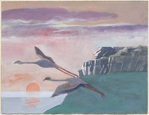 WILLIAM THEOPHILUS BROWN - Dos grúas vuelan (hacia la puesta de sol) - aguada sobre papel - 11 x 14 1/2 in.