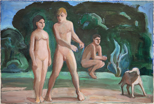 WILLIAM THEOPHILUS BROWN - Untitled (Nudes in Park with Dog) - acrylic on paper - 15 x 22 1/8 in.