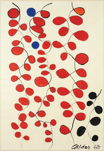 Calder’s lyricism and astute sense for composition are shown in the gouache “Blue Dots in Red Loops.”  Exhibited at the Perls Gallery, this work has a rich exhibition history, it is also unusual to see Calder gouaches appear on the market in this large format.  Throughout his career, Calder focused on the structure of his subject, balance, and color theory play heavily into “Blue Dots in Red Loops,” as well as other Calder works from the 1960s.  The present work is an excellent example of Calder’s most instantly recognizable period.  It was at the end of 1969 that the Museum of Modern Art, New York mounted the exhibition: “A Salute to Alexander Calder.”  Featured in the show were many works on paper from this defining period.